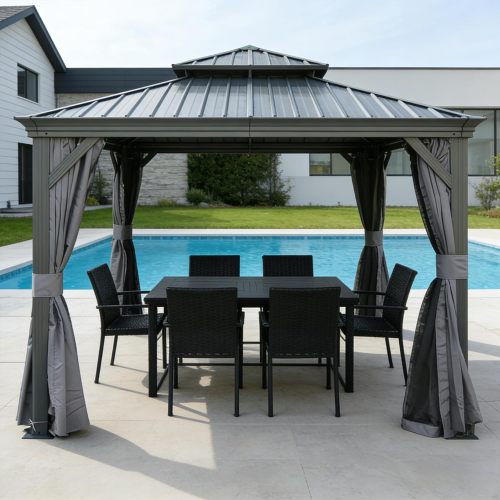 Square grey hardtop gazebo with double steel roof and drainage system