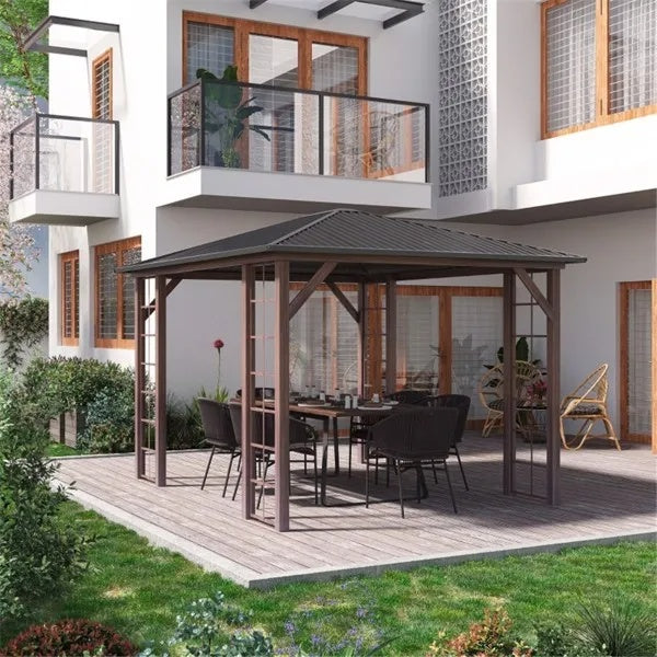 Metal gazebo with galvanized steel roof over a patio dining set