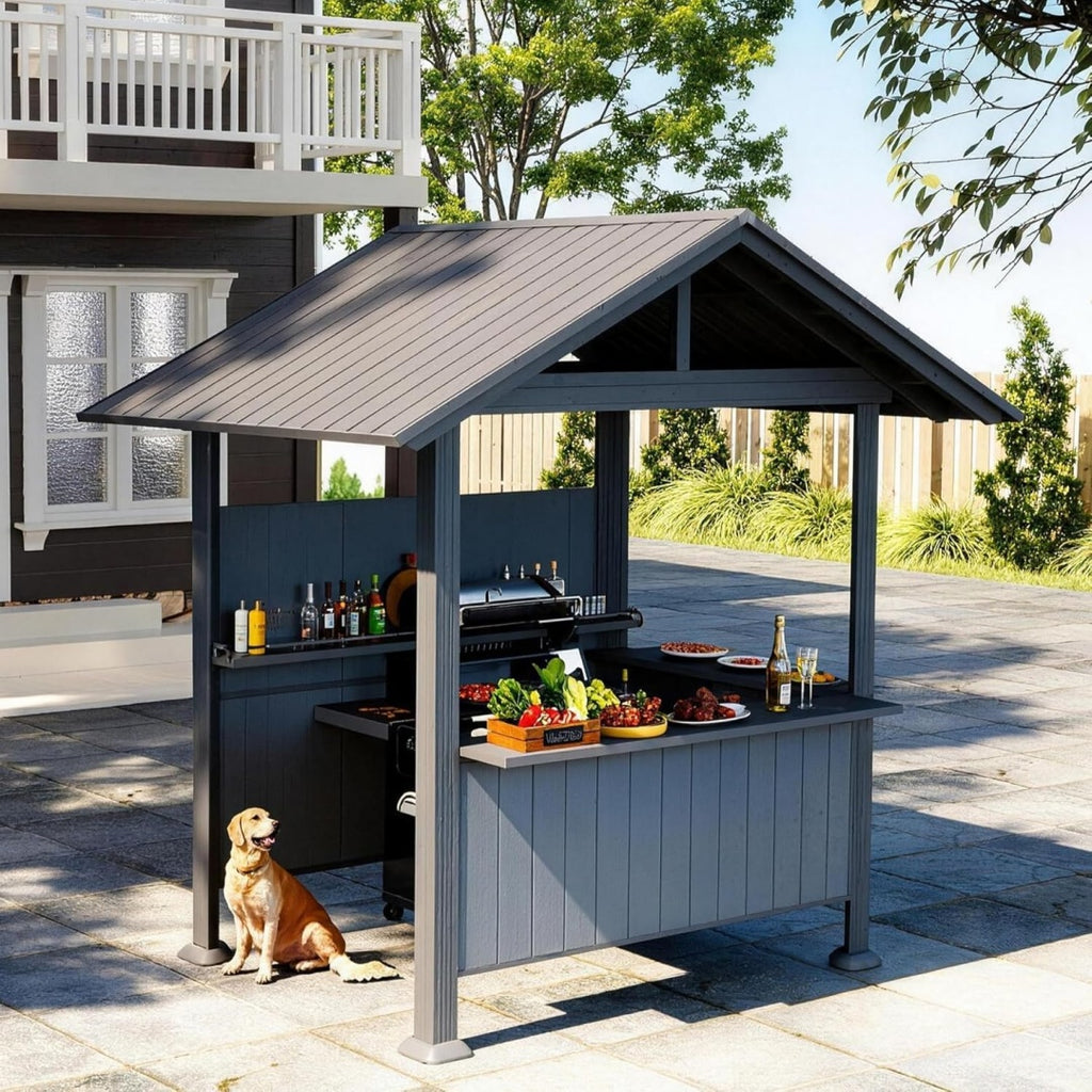 Grey gable-roof grill gazebo with storage shelves on a patio