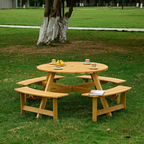 Round wooden picnic table with four built-in benches and umbrella hole