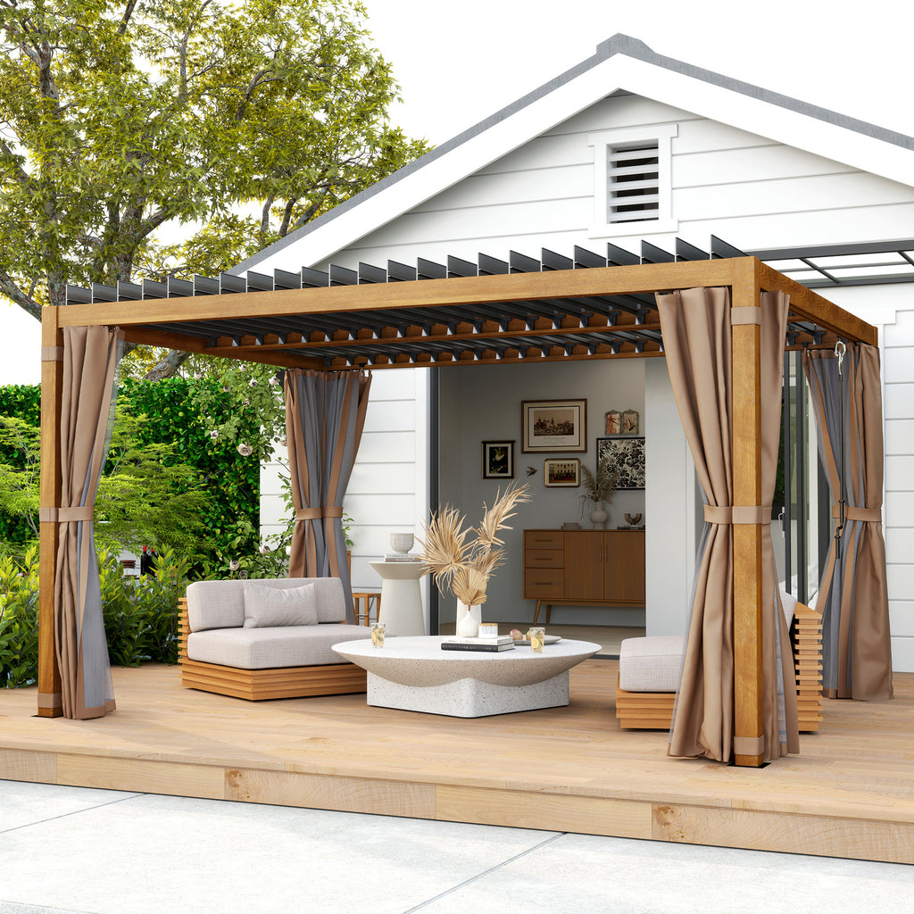 Retractable louvered pergola in natural wood with curtains and netting