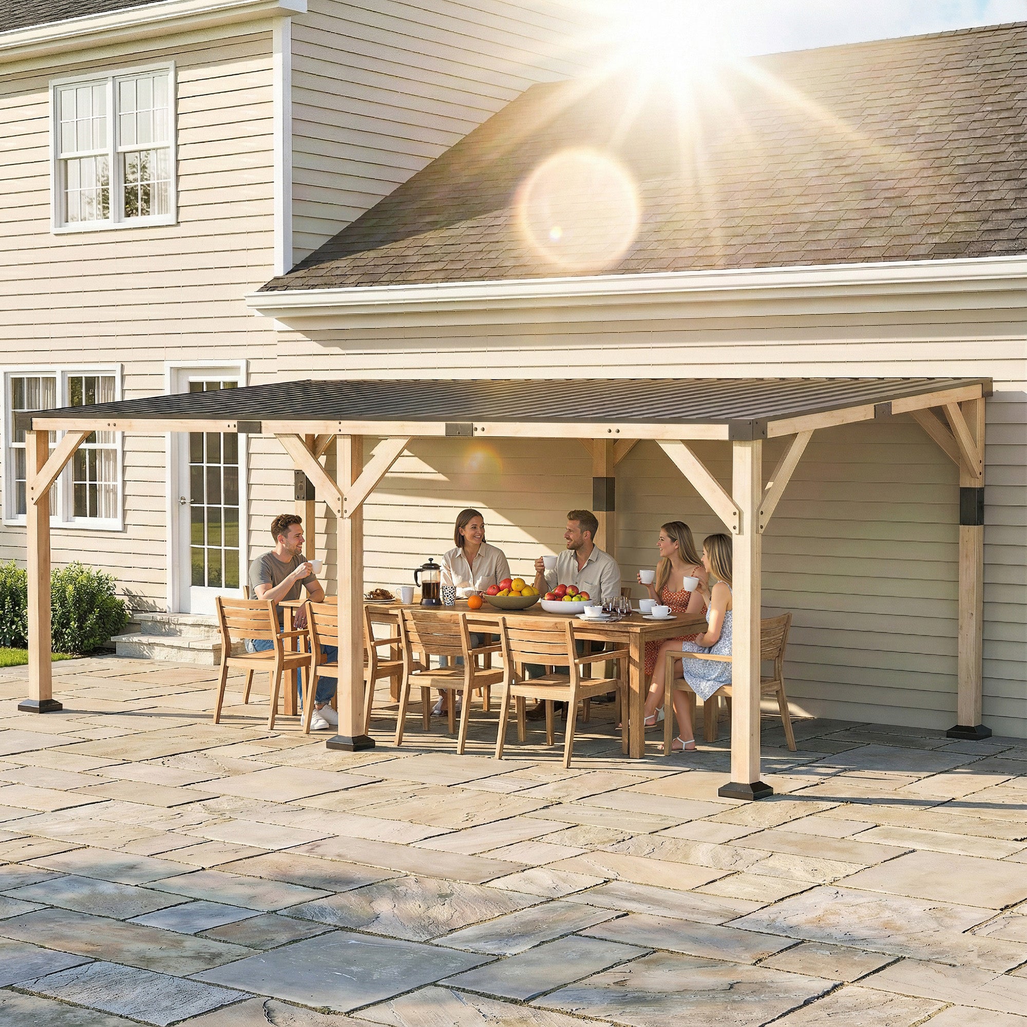 Light walnut wooden lean-to pergola along a house wall