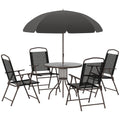 Black six-piece garden dining set with glass table and parasol