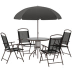 Black six-piece garden dining set with glass table and parasol