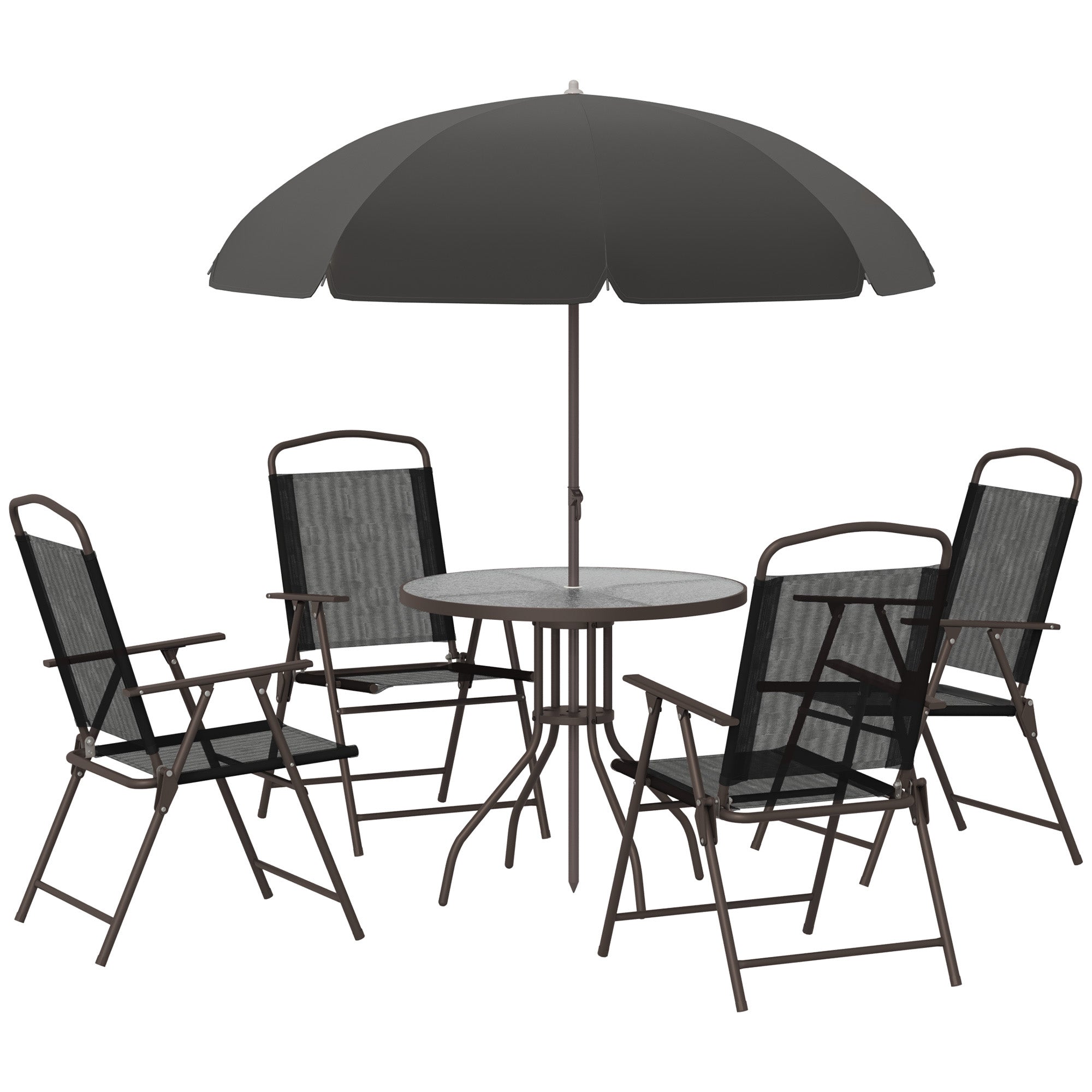 Black six-piece garden dining set with glass table and parasol