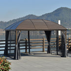 Grey 10 by 13 foot hardtop gazebo with mosquito netting and privacy curtains