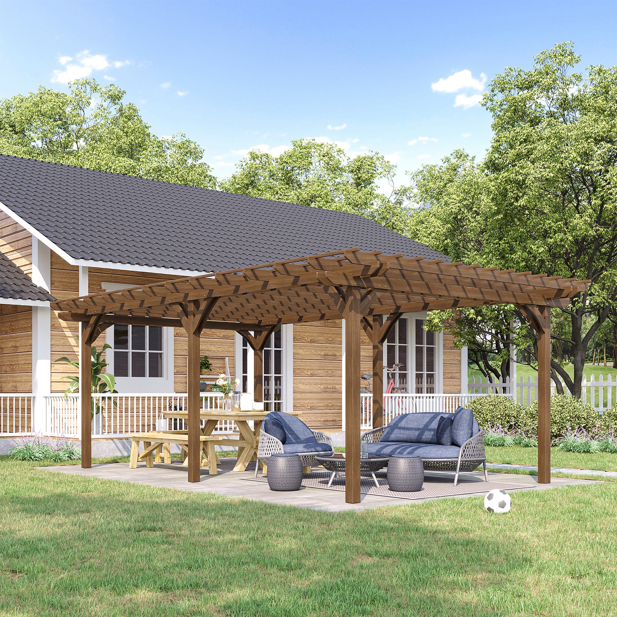 Large 12 by 20 foot wooden pergola with grape trellis along a walkway