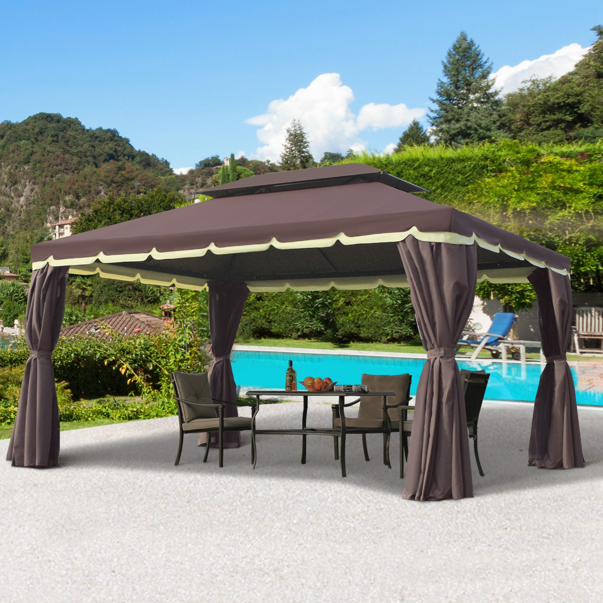 Double-roof gazebo with mosquito netting and privacy curtains