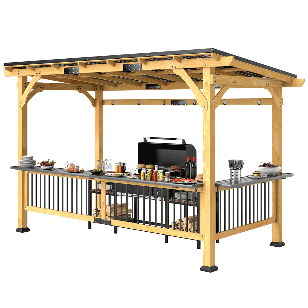 Wooden BBQ grill gazebo with metal roof and bar shelves