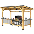 Wooden BBQ grill gazebo with metal roof and bar shelves