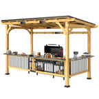 Wooden BBQ grill gazebo with metal roof and bar shelves