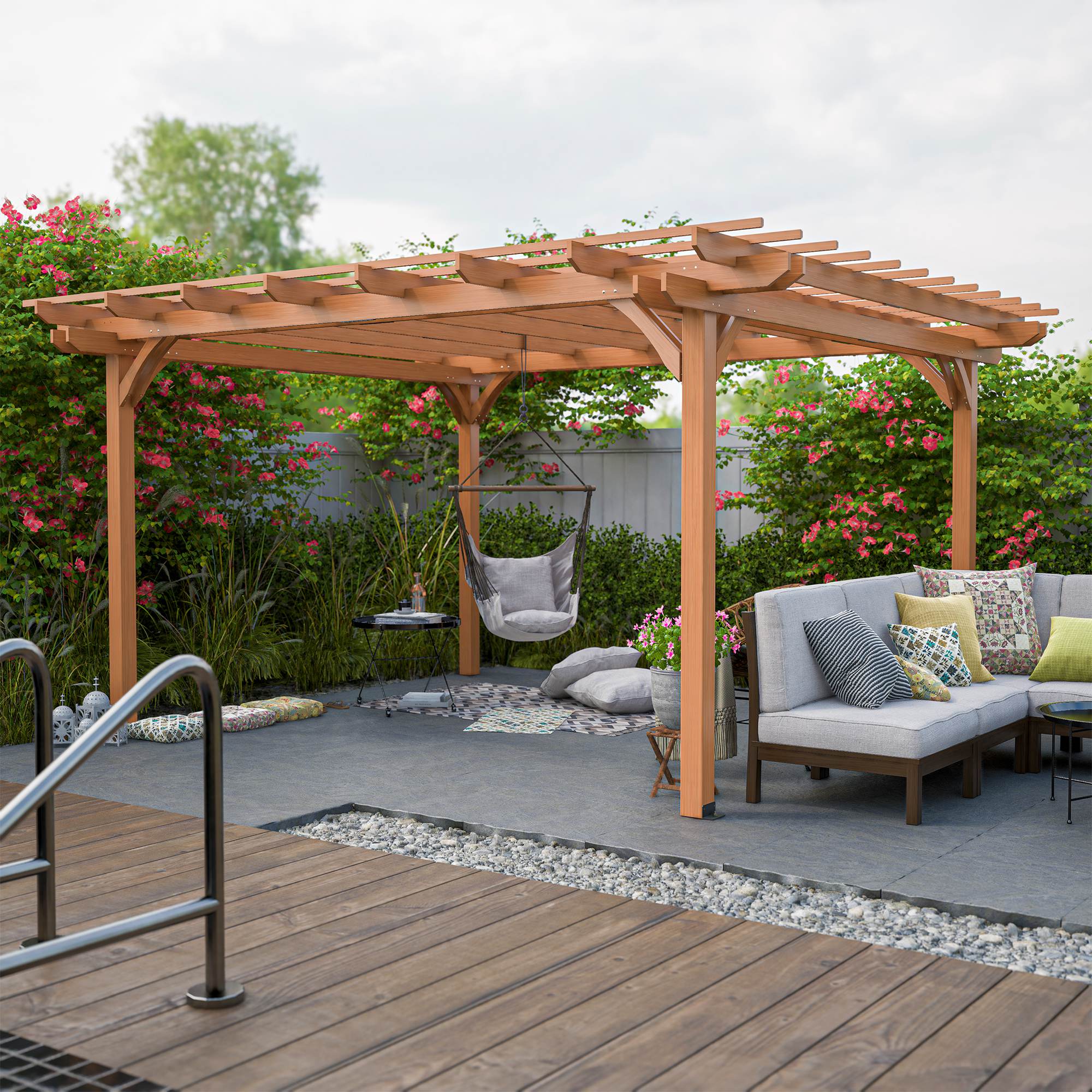 Brown wooden garden pergola with open lattice roof for climbing plants