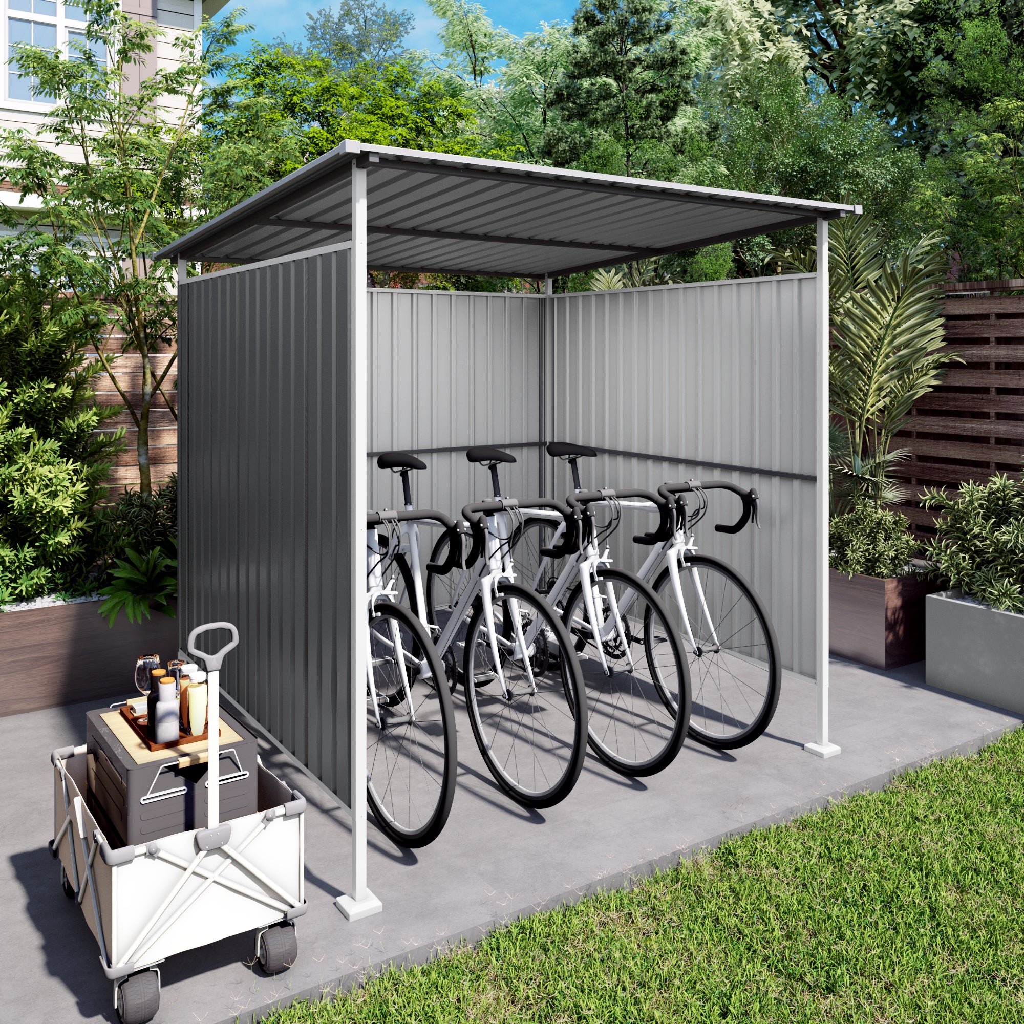 Compact grey lean-to metal shelter mounted against a wall