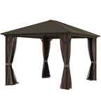 Coffee brown hardtop gazebo with curtains and netting on a patio