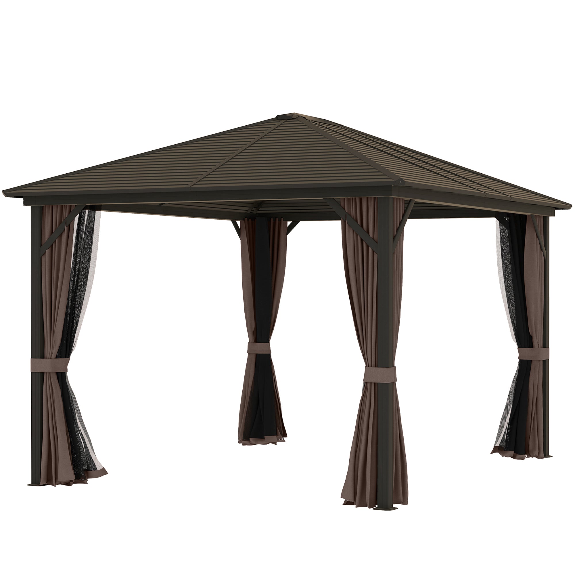 Coffee brown hardtop gazebo with curtains and netting on a patio