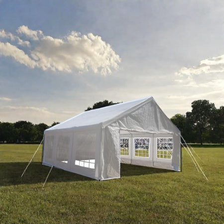 Large white party tent and carport with sidewalls
