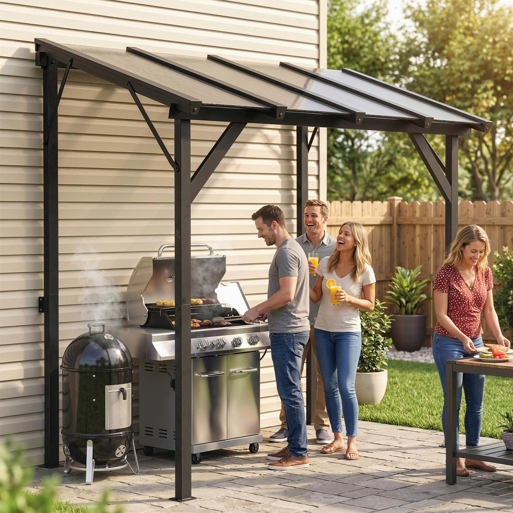 Lean-to BBQ shelter with clear polycarbonate roof over a grill