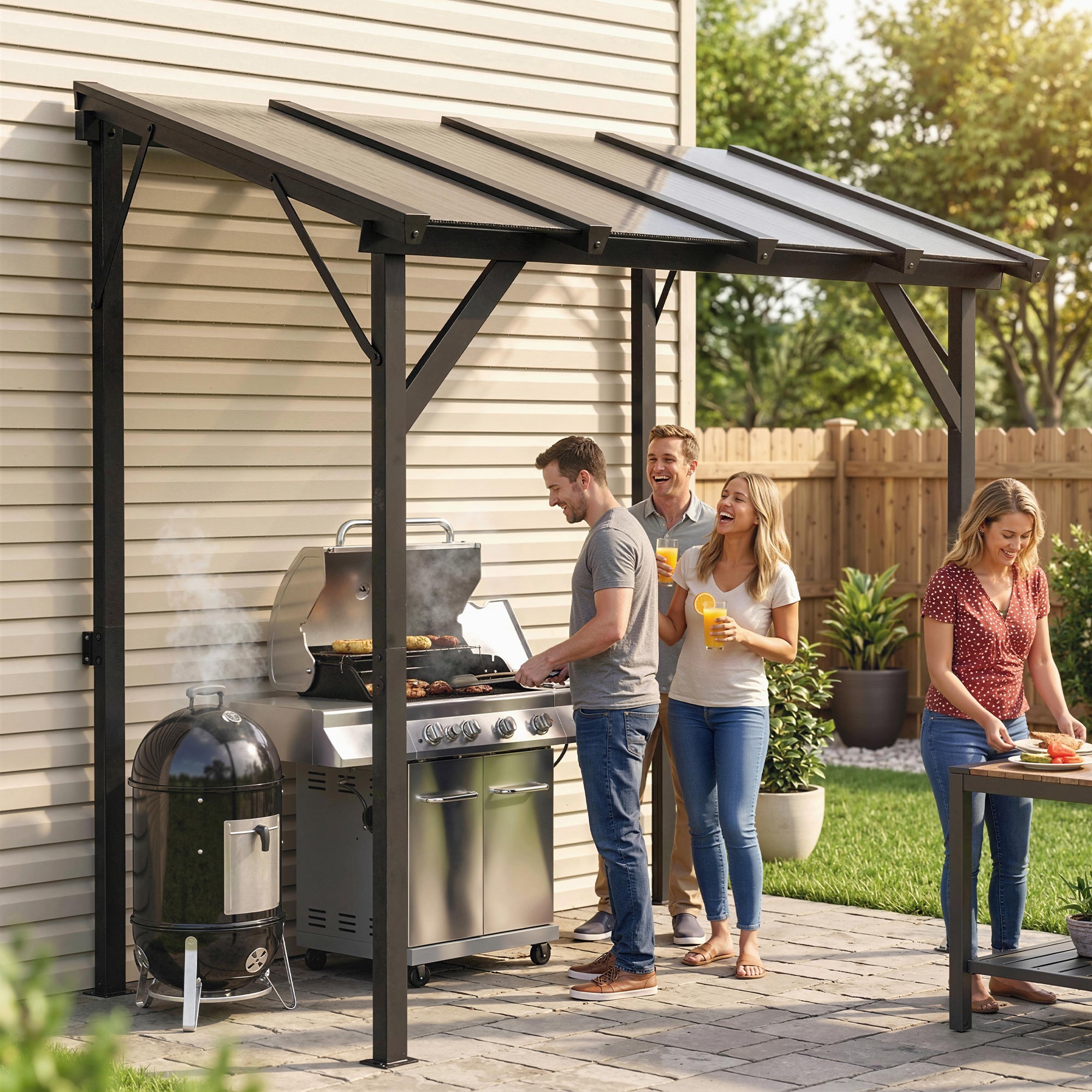 Lean-to BBQ shelter with clear polycarbonate roof over a grill