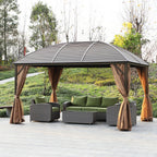 Brown 10 by 13 foot hardtop gazebo with privacy curtains and mosquito netting