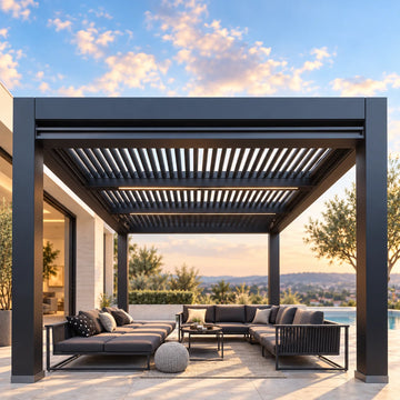 Rainproof Aluminum Gazebo with Electrically Adjustable Louvered Roof, Wind-Resistant