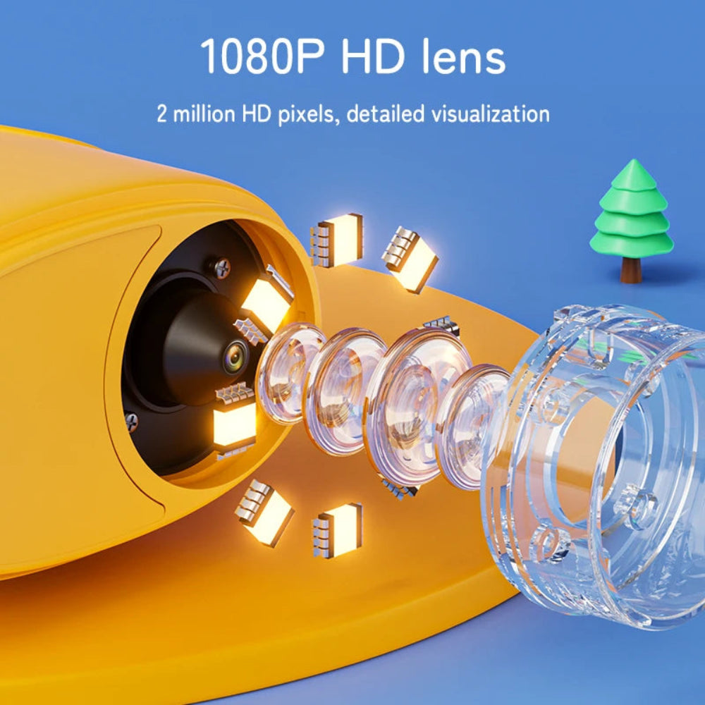 Close-up of a yellow mechanical component with a 1080P HD lens on a blue background