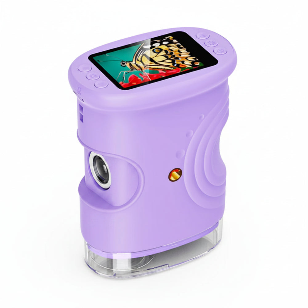 Purple handheld device with a screen displaying butterfly images on a white background