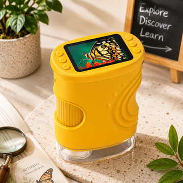 A yellow butterfly-themed educational toy device with a small display screen showing a butterfly, placed on a speckled stone surface with books, a magnifying glass, a potted plant, and a small chalkboard in the background.