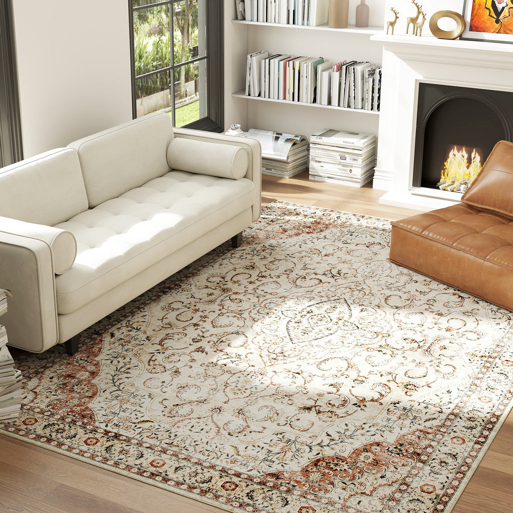 Brown floral machine-washable area rug, 8 by 10 feet