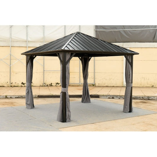 Aluminium hardtop gazebo with galvanized steel roof in a garden