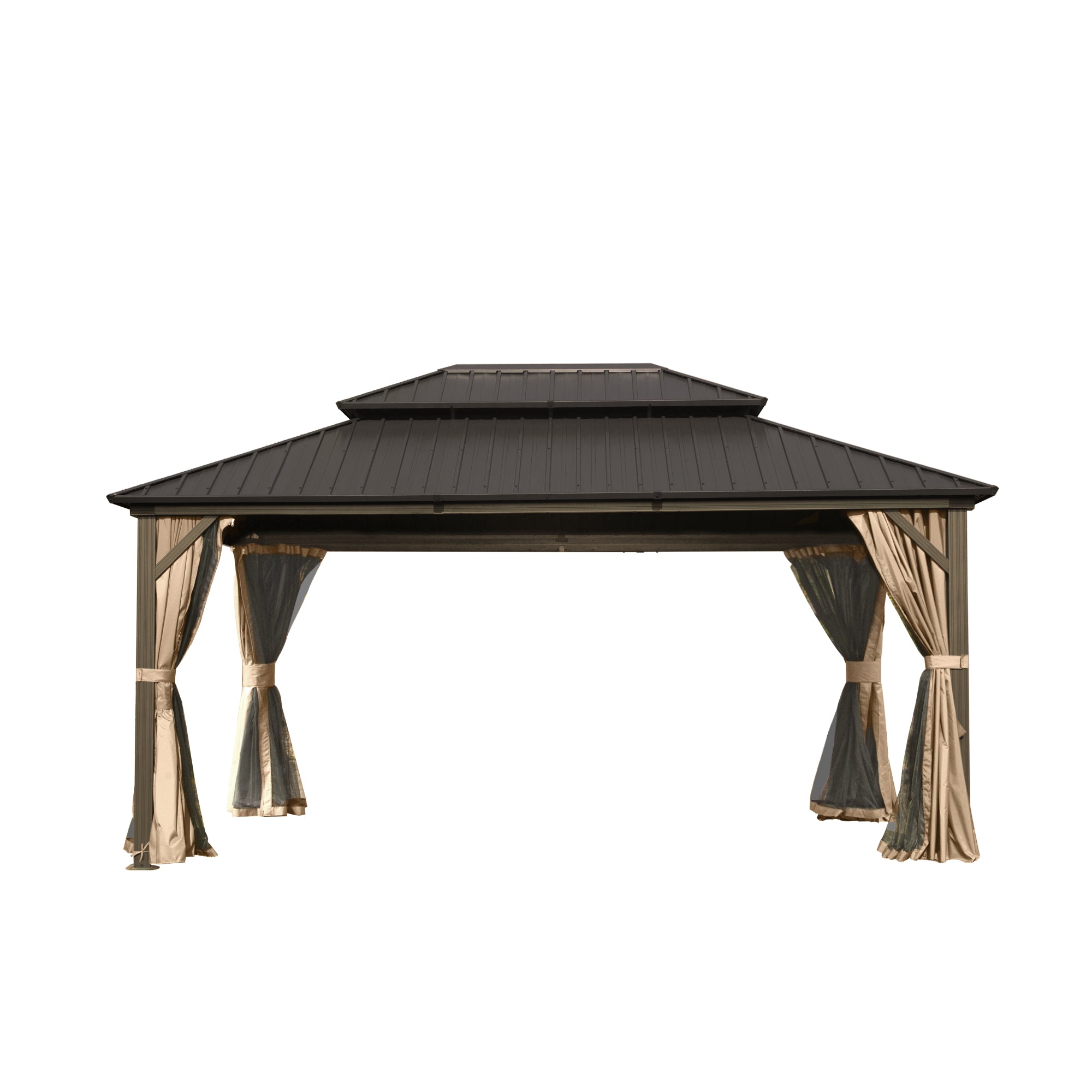 Large brown 12 by 16 foot hardtop gazebo with curtains and netting