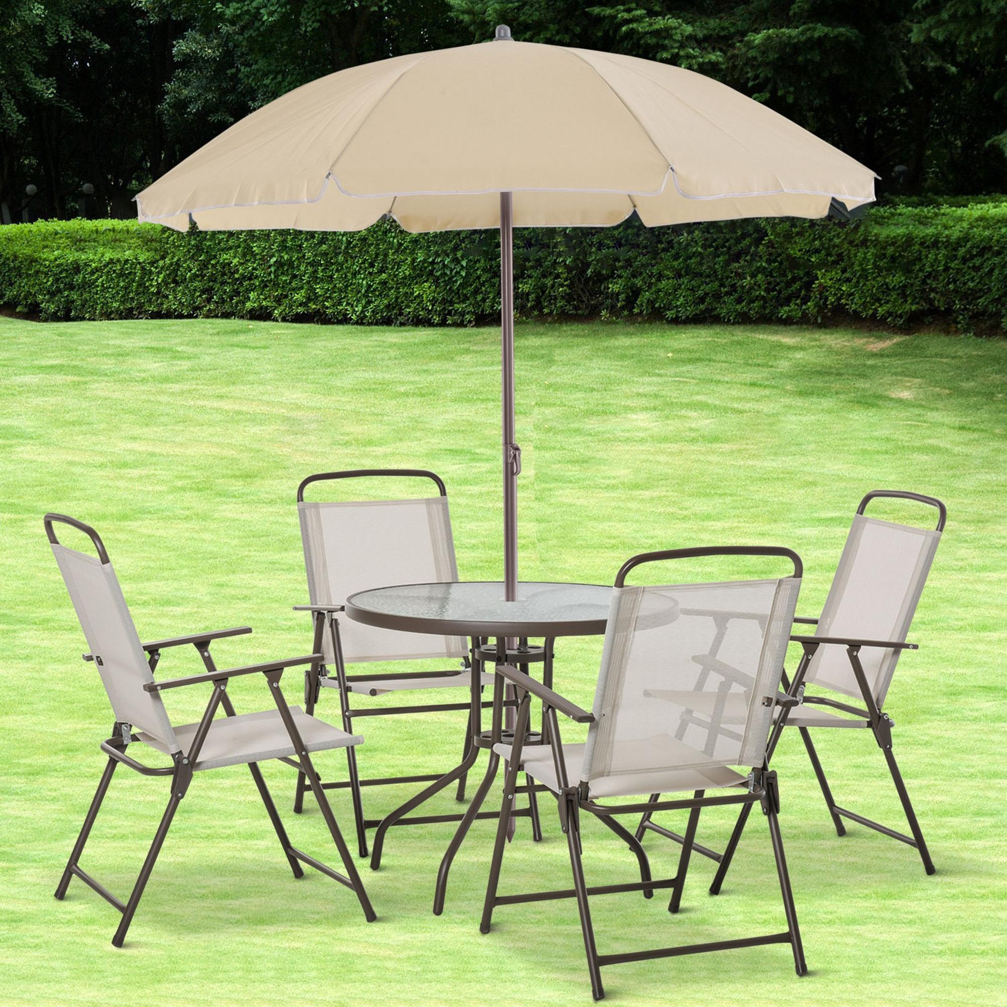 Beige six-piece patio dining set with folding chairs and umbrella