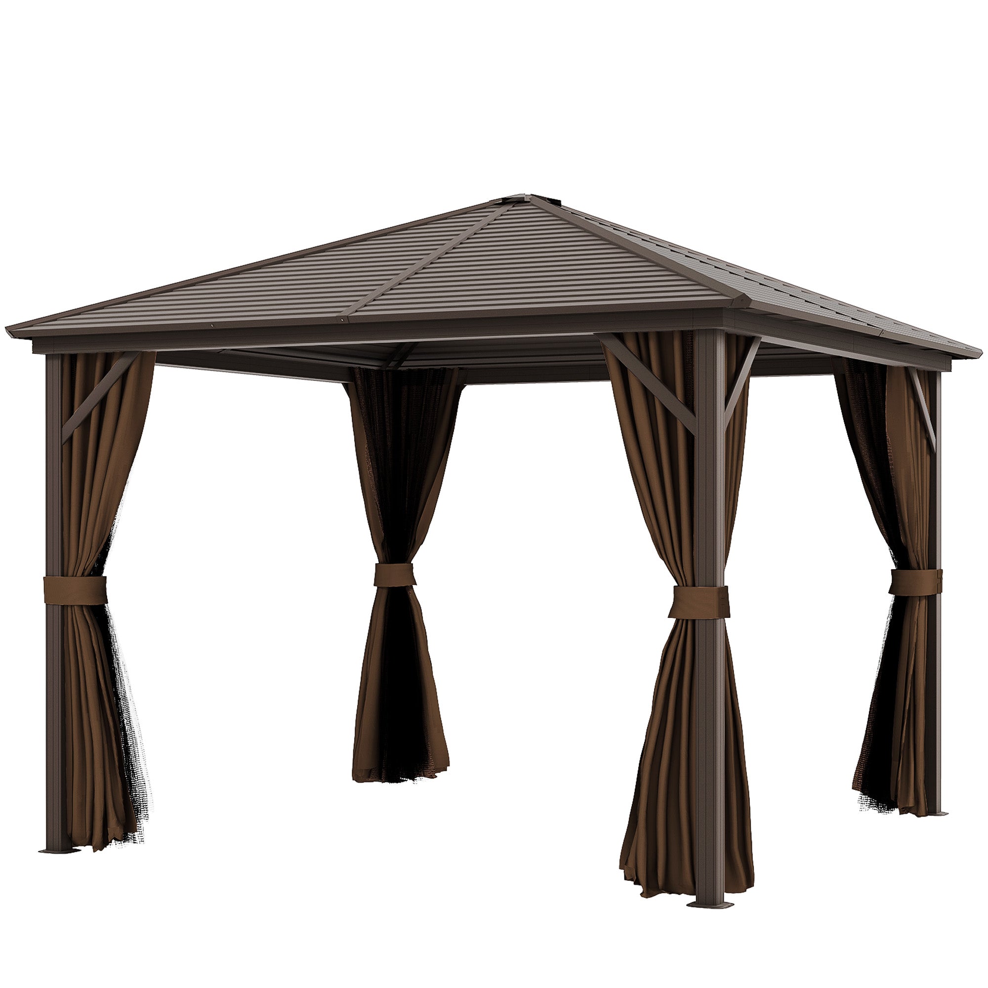 Dark brown 10 by 10 foot hardtop gazebo with privacy curtains