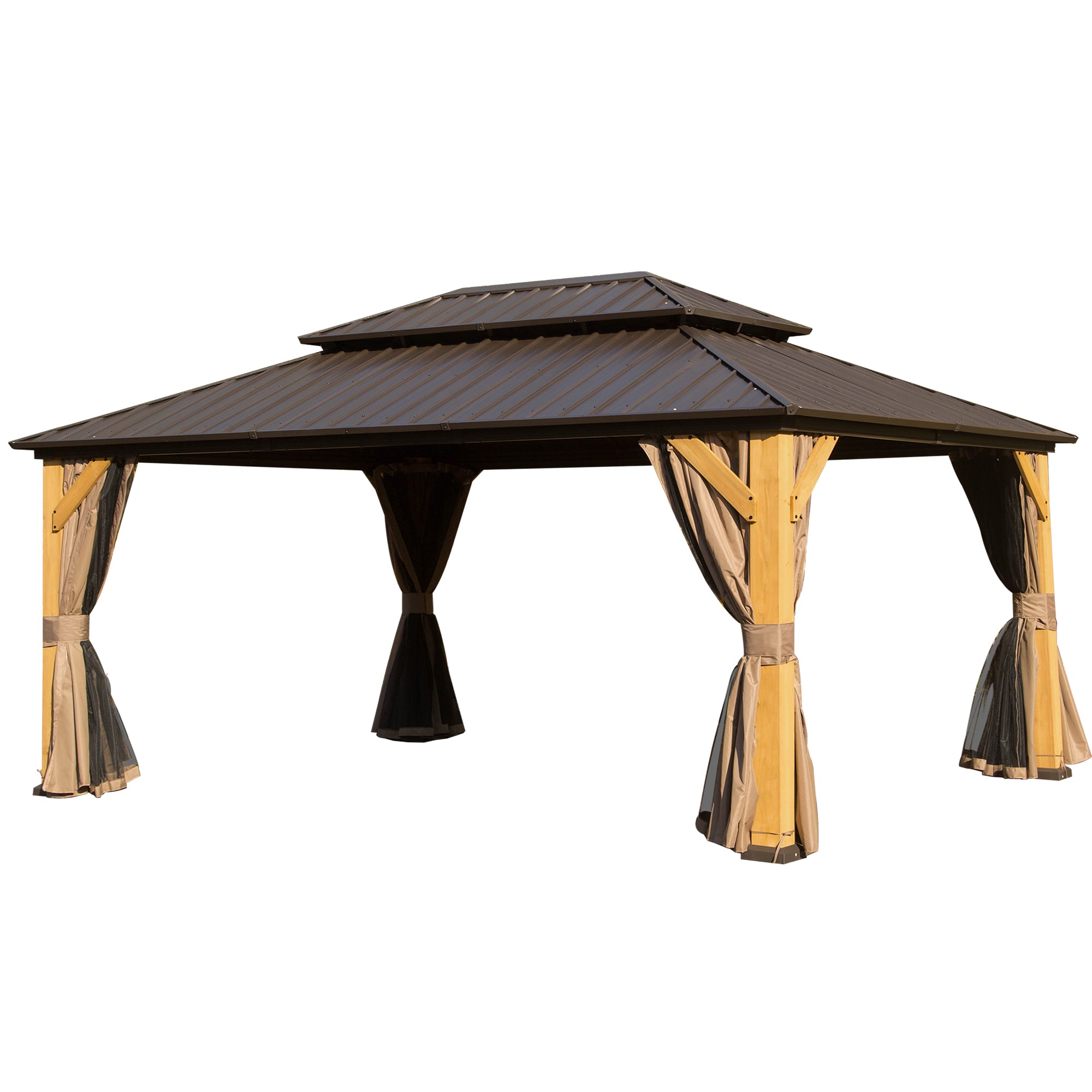 Cedar wood gazebo with double galvanized steel roof in a backyard