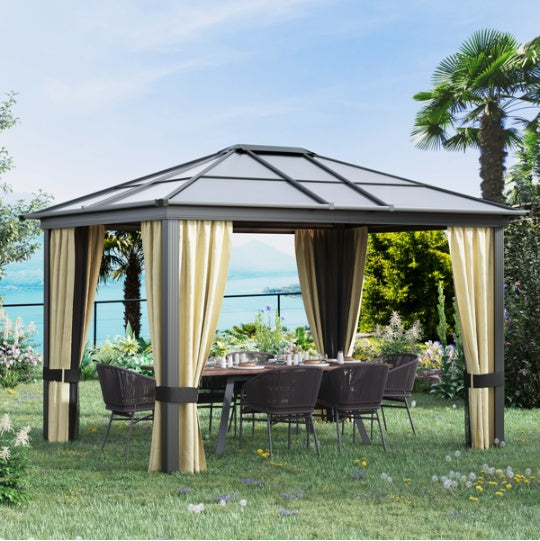Large hardtop pergola gazebo with polycarbonate roof over a patio