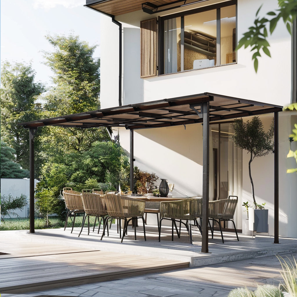 Wall-mounted lean-to metal gazebo covering a backyard deck