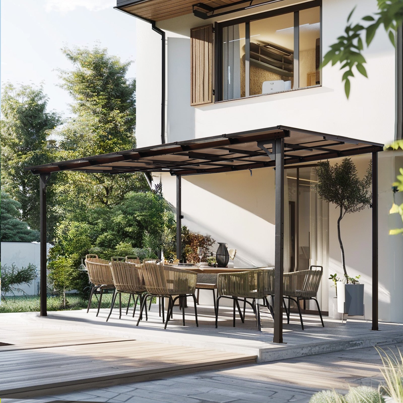 Wall-mounted lean-to metal gazebo covering a backyard deck