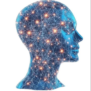 A digital illustration of a human head in profile, rendered in glowing blue with a network of connected lines and bright orange light nodes, on a transparent checkerboard background.
